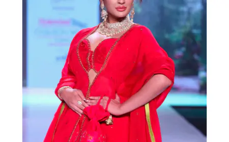Seerat Kapoor Steals The Show In A Red Ghagra Choli With Parat Printed Designs As The Showstopper For Vashtralekha At Hyderabad Times Fashion Week